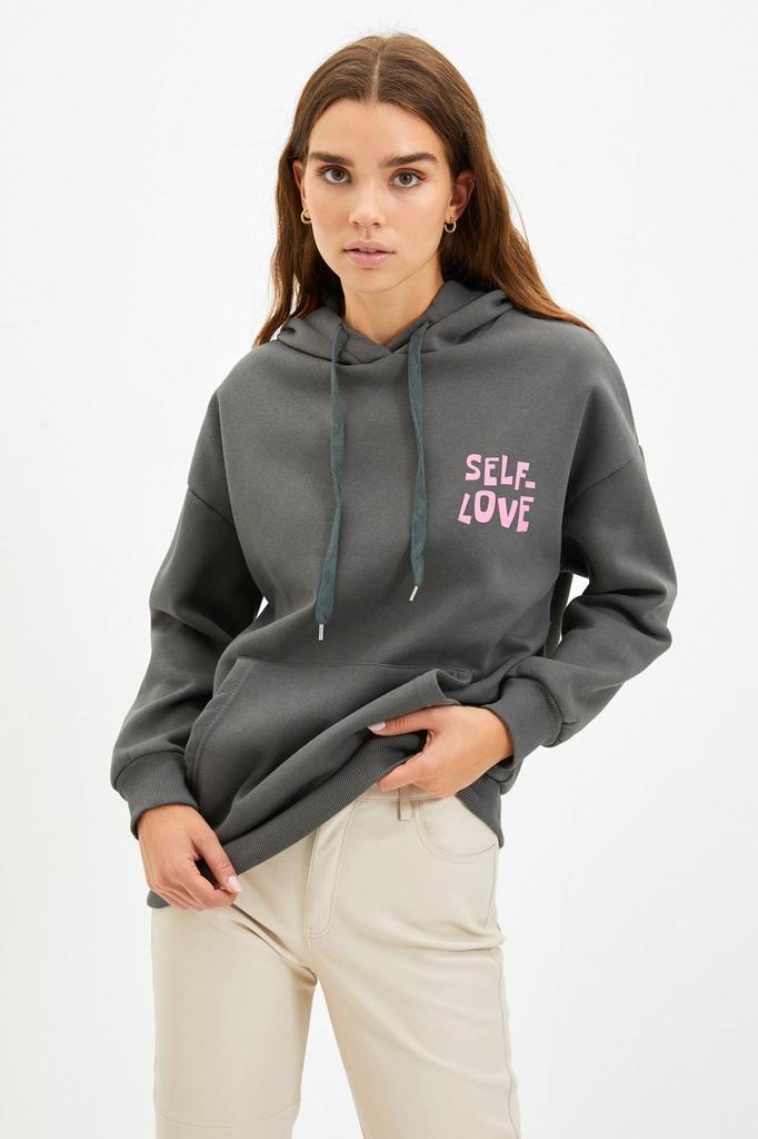 Women's Fashionable Stylish Sweatshirt Stone Back Print Detailed Oversize Wide Fit Thick Inside Fleece Knitted Sweatshirt