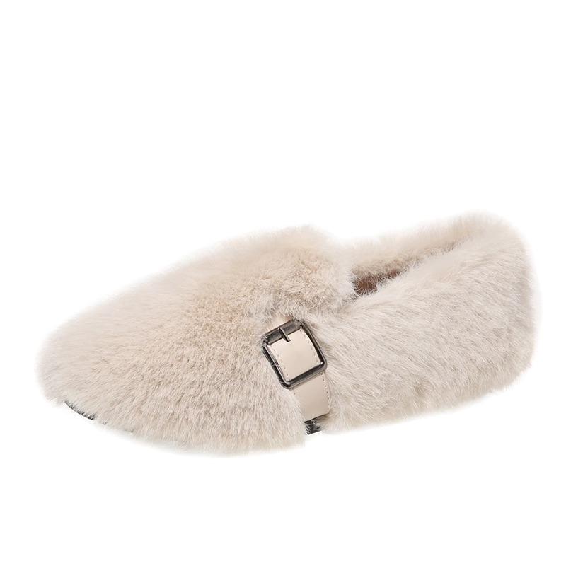 Internet celebrity explosion mink hairy shoes women winter wear belt buckle thick sole velvet bean shoes fairy warm cotton shoes