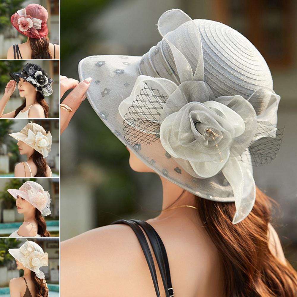 Flower Decor Dotted Sun Hat Wide Brim Beach Hat Fashion Sunshade Cap Women's