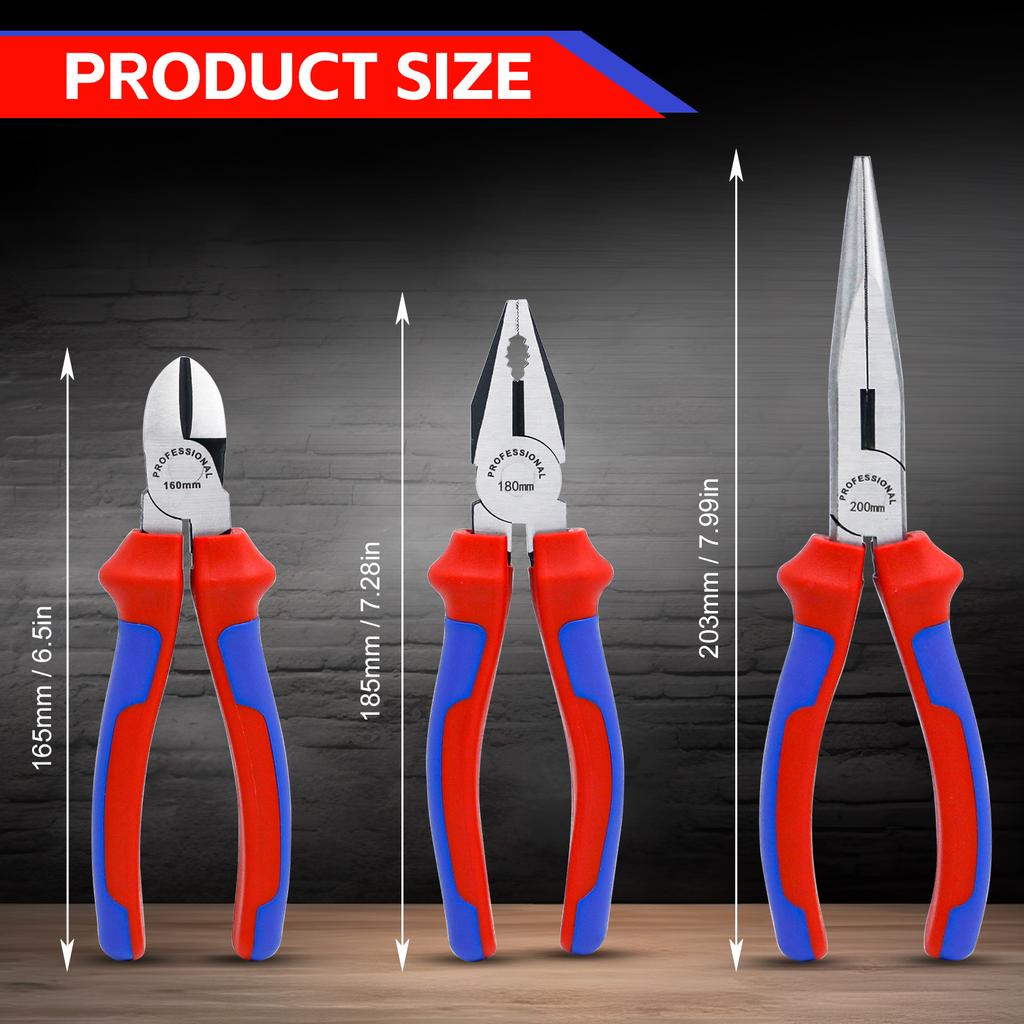 3PCS Plier Set,Including 8"Needle Nose Pliers, 8"Linesman Pliers and 7"Diagonal Cutting Pliers, Bi-material Handle