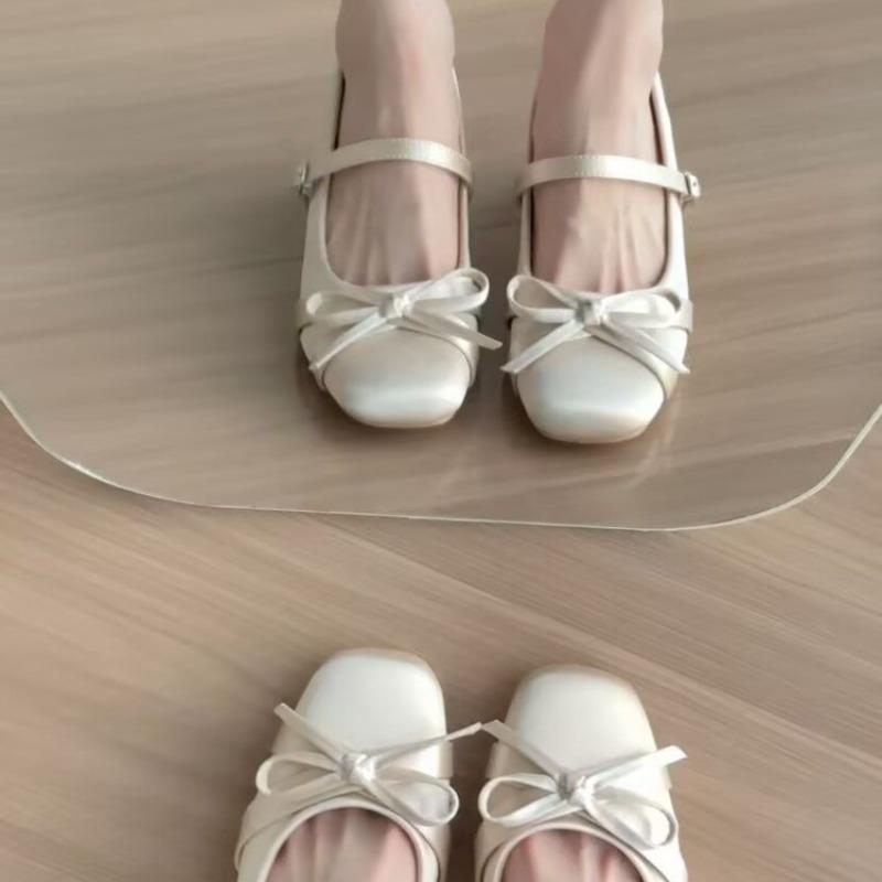 Fashion Small Inside Heightened Apricot Bow High Heel Mary Jane Shoes Women's New Square Toe Block Heel Single Shoes