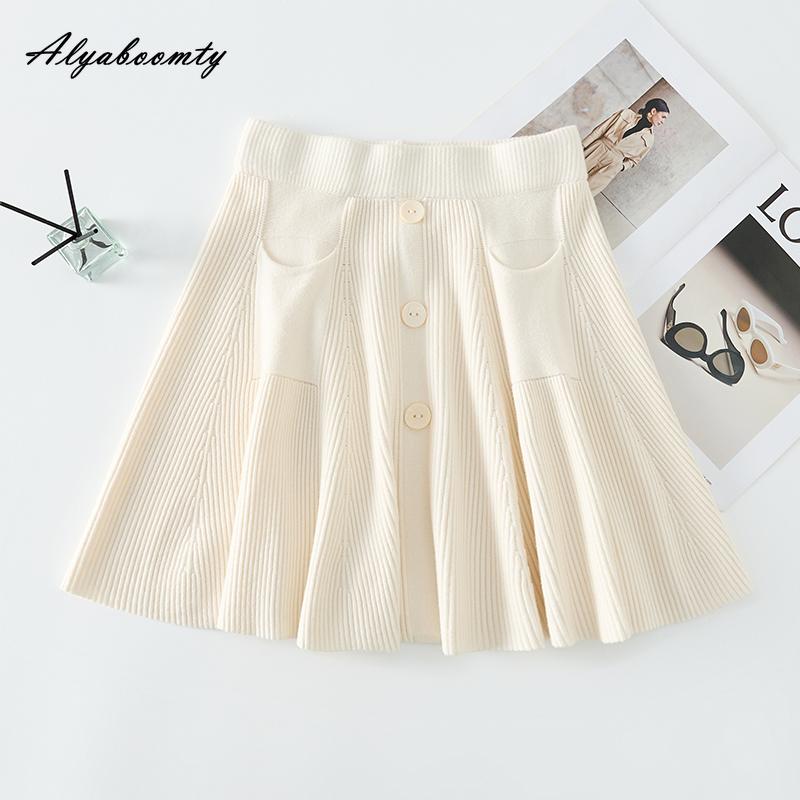 Autumn Winter Women Mini Knitting Skirt High Waist Beige Gray Black Knitted Short Skirt Sweet Buttons High Waist Warm Skirt With Pockets