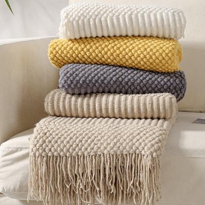 Plaids Cadeaux Oversize en Tricot à Pompons Texturés Boho Été Confortable Ferme Canapé Kaki Plaids Manta Para Sofá