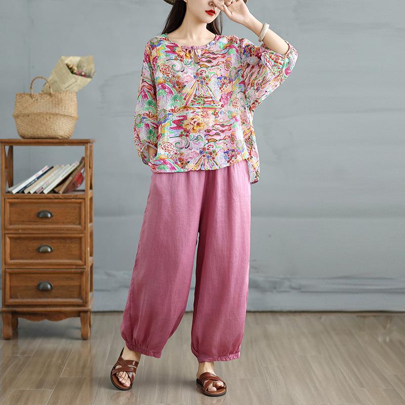 

2026 Retro Chinese Style Fashion Printed Top & Lantern Pants Set Medium