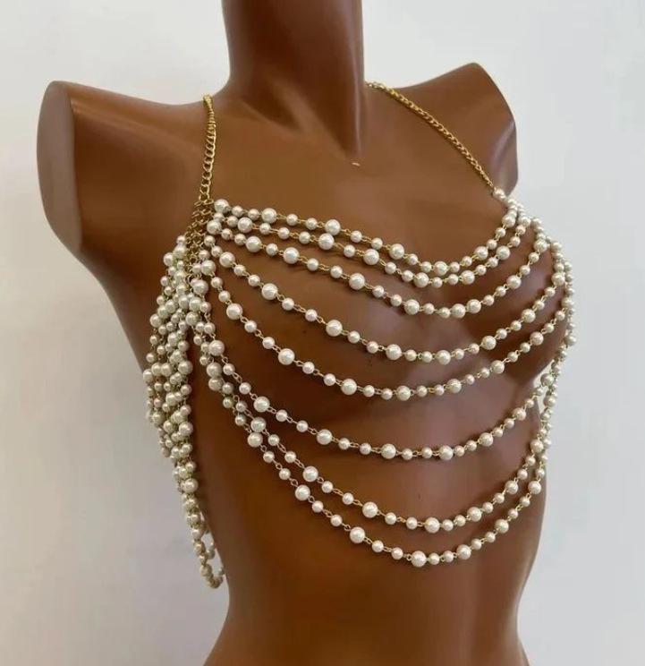 

Handmade Multi-layer Tassel Pearl Halter Top Vest Chain One Size белый