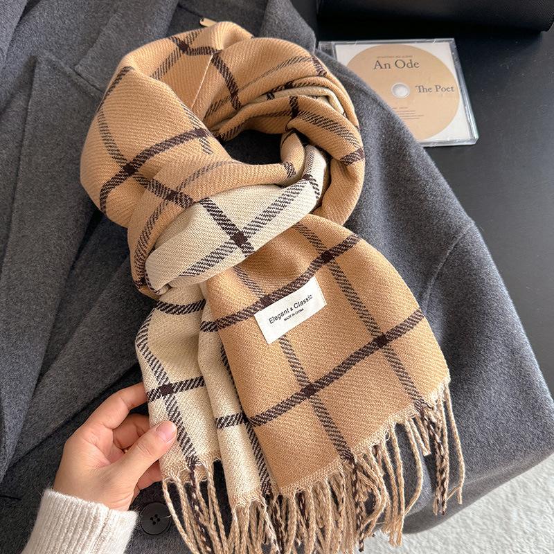 Exquisite The Striped Checkered Large Shawl Exudes An Elegant and Noble Style. It Is A Warm Autumn and Winter Scarf with A High End Touch 