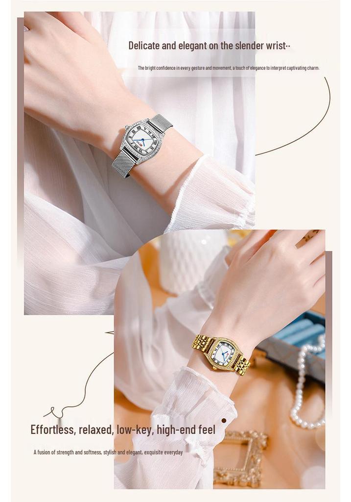 Retro Rhinestone Inlaid Roman Numerals Square Ladies Fashion Watch