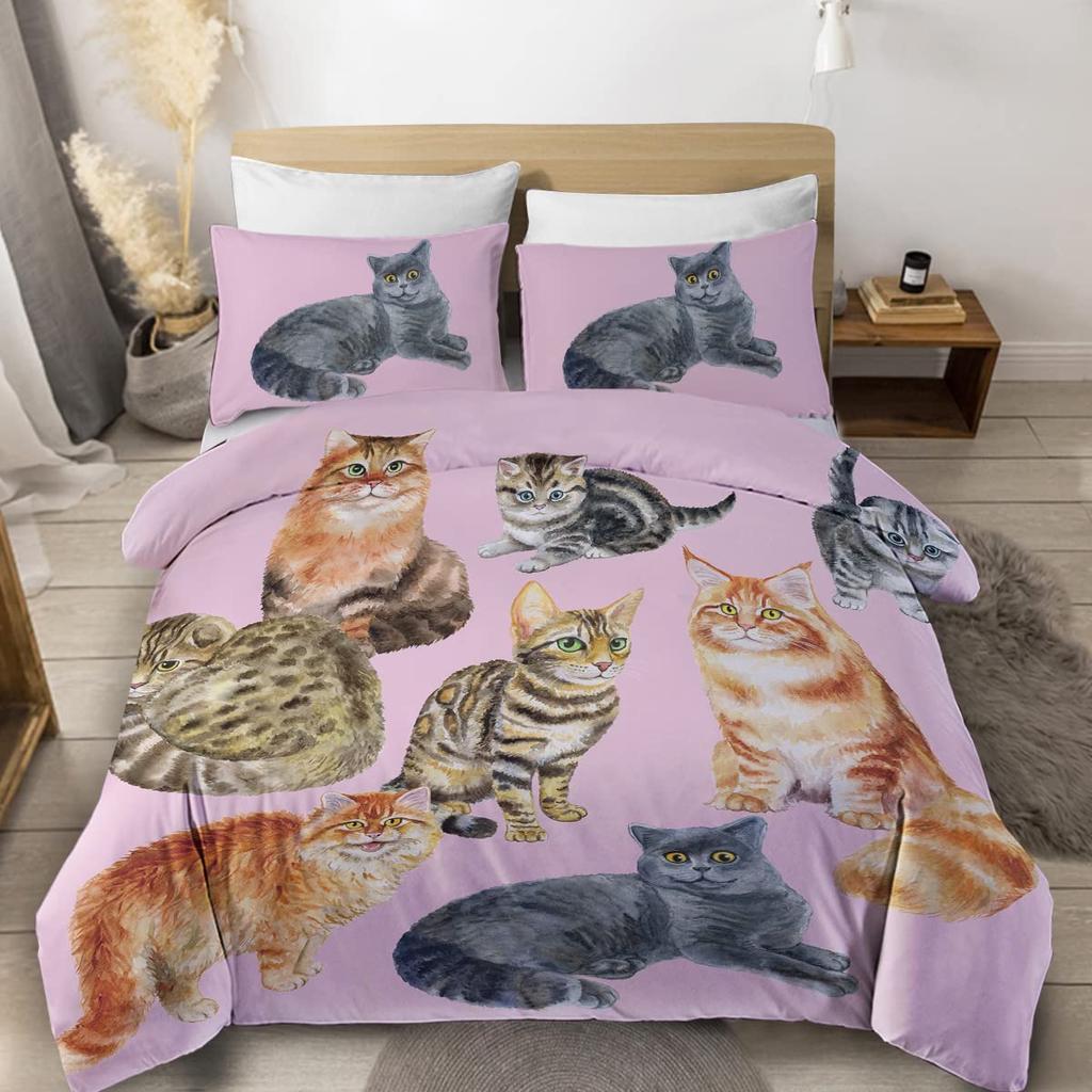 Sada povlečení s kočkami, Šedobílá sada ložního prádla s kočkami, Kreslená sada přikrývky s kočkami, Dívčí Kawaii sada povlaku na přikrývku s kočkami Full King Size