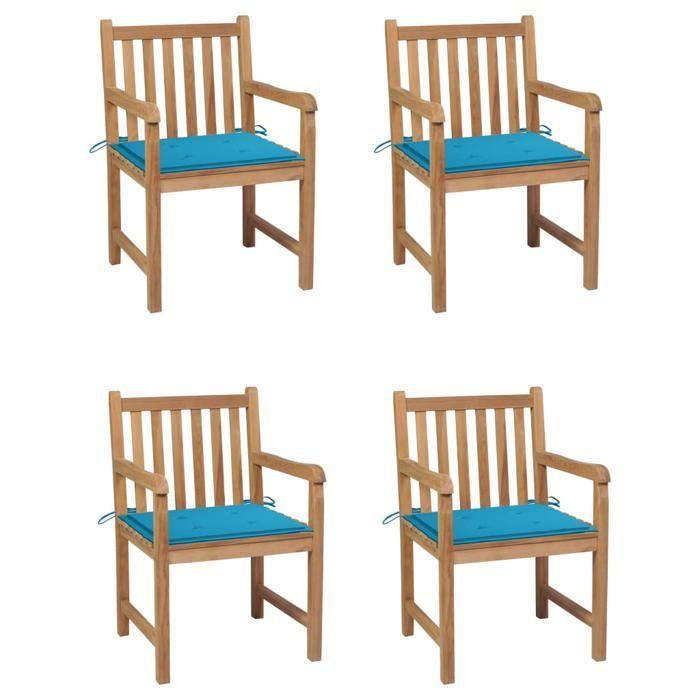 Chaises de jardin - MAISON EXCLUSIVE - Lot de 4 - Teck massif - Coussins bleus - Extérieur