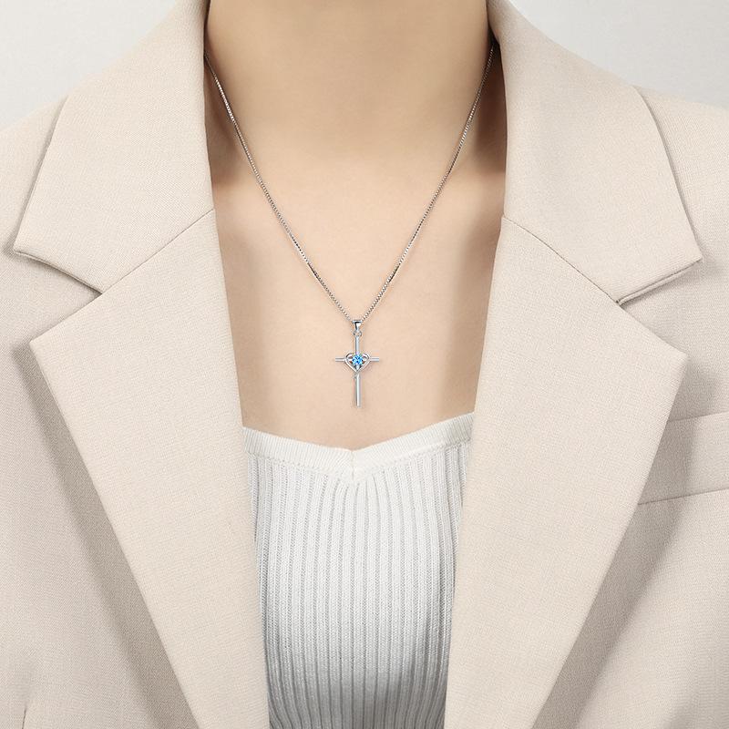 Heart-shaped Twelve Constellations Stone Collarbone Chain, Retro Cold Wind Faith Cross Necklace