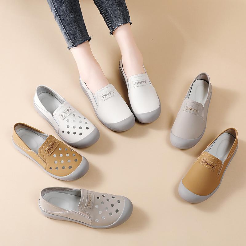 Genuine Leather Women's Flats 2 In 1 Casual Shoes Ladies Elastic Walking Shoes Slip-on Loafers Round Toe Slippers Waterproof Working Shoes