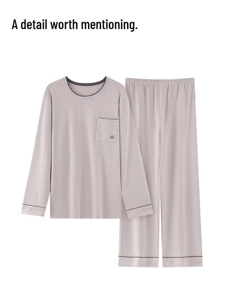 Men's 100% Pure Cotton Pajamas - Long Sleeve & Pants, Solid Color, Loose Fit, Two-Piece Set for Spring & Autumn Homewear.
