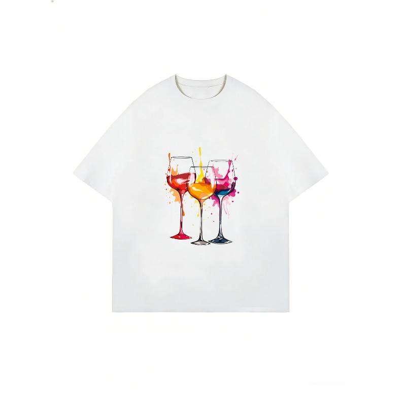 Tricou Alb cu Mânecă Scurtă cu Imprimeu Colorat Pahar de Vin Pentru Ținută Casual