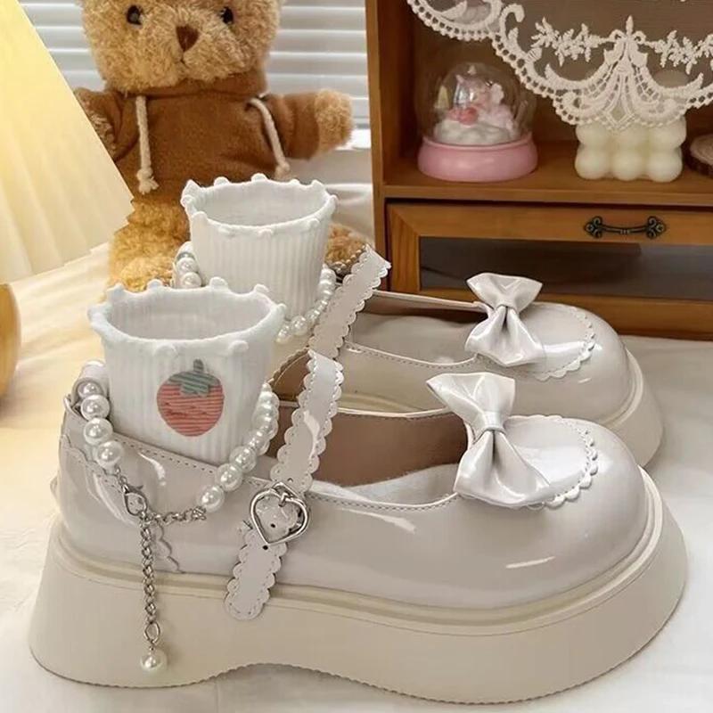 Fashion ZOKI Lovely Pearl Strap Lolita Shoes for Women Sweet Bowtie Platform Mary Janes Woman Patent Leather Non-Slip Cute Flats 2025