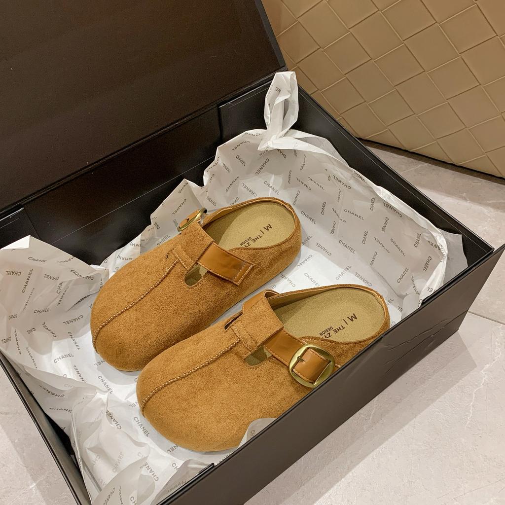 2025 Autumn New Leather Thick-soled Bag Head Half Slippers Women's Heightened Soft-soled Casual Retro Outer Boken Shoes