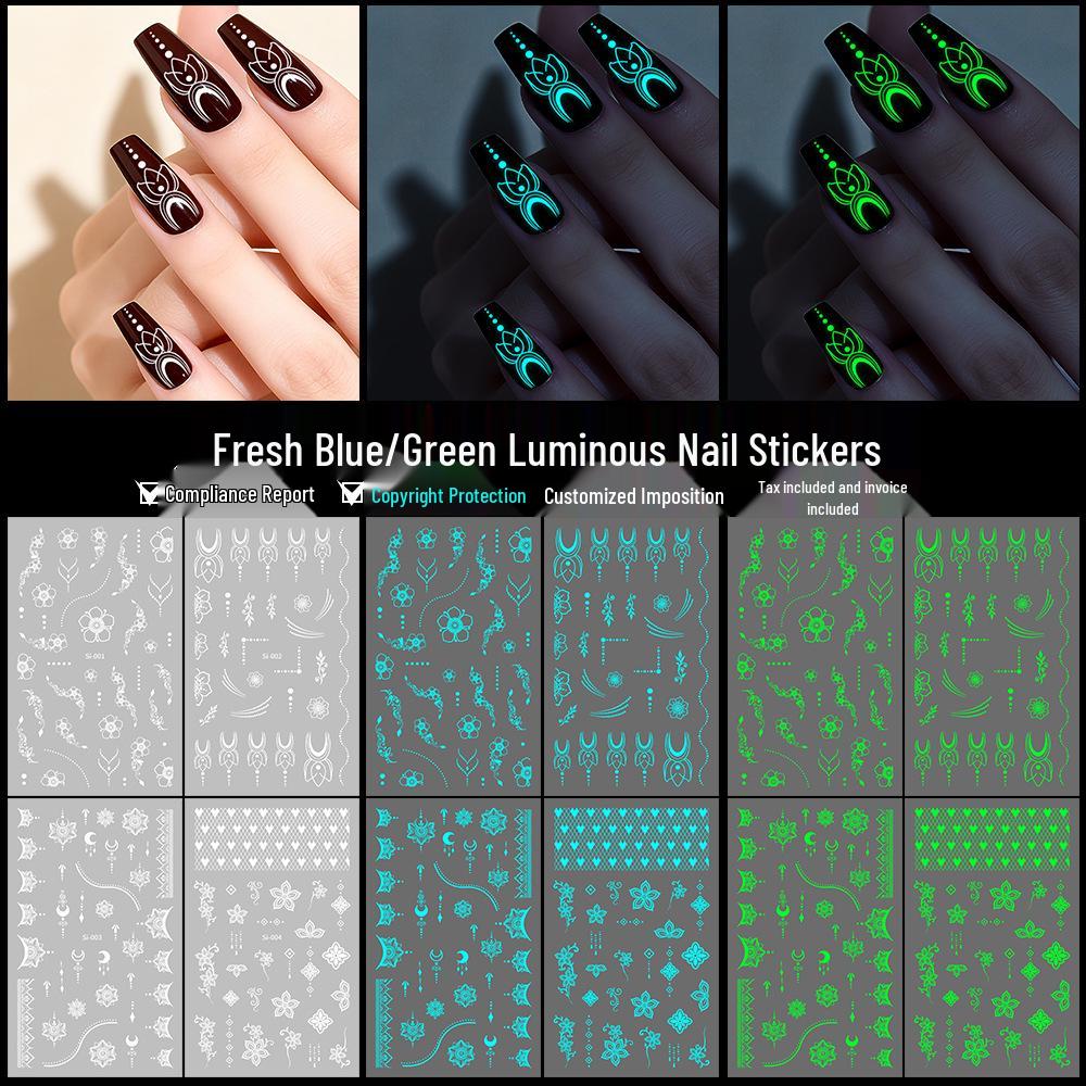 2026 Luminous Green & Blue Nail Stickers for Professional Salons - White-Enhancing Style