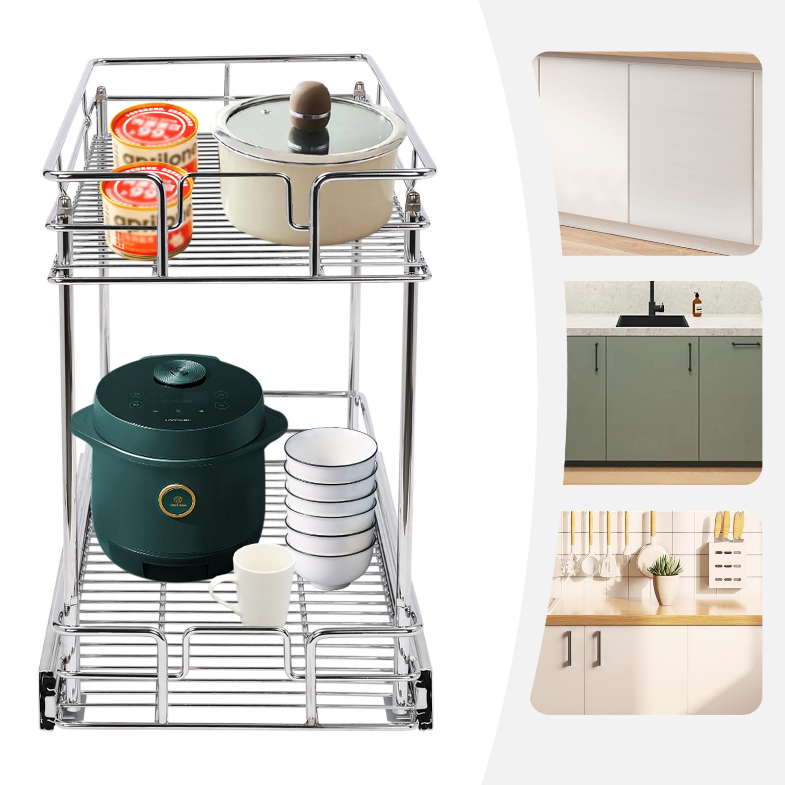 

2-Tier Silent Pull Out Cabinet Organizer for Plates, Bowls & Spices- Silver Modern Kitchen Storage Shelves, 44 Lbs Load Capacity срібний