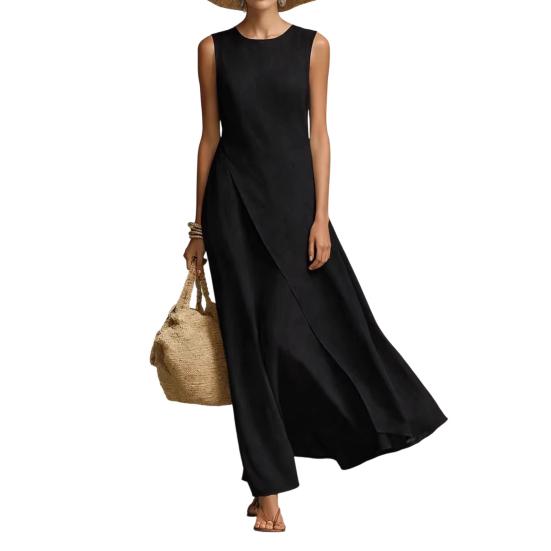 Women s Sleeveless Cotton Linen Dress Casual Irregular Hem Crew Neck XXXL чёрный