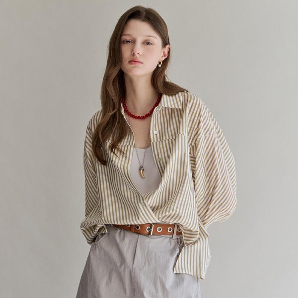 Maxza Side Slit Stripe Loose Fit Shirt Zf08qb005nh beige/FREE