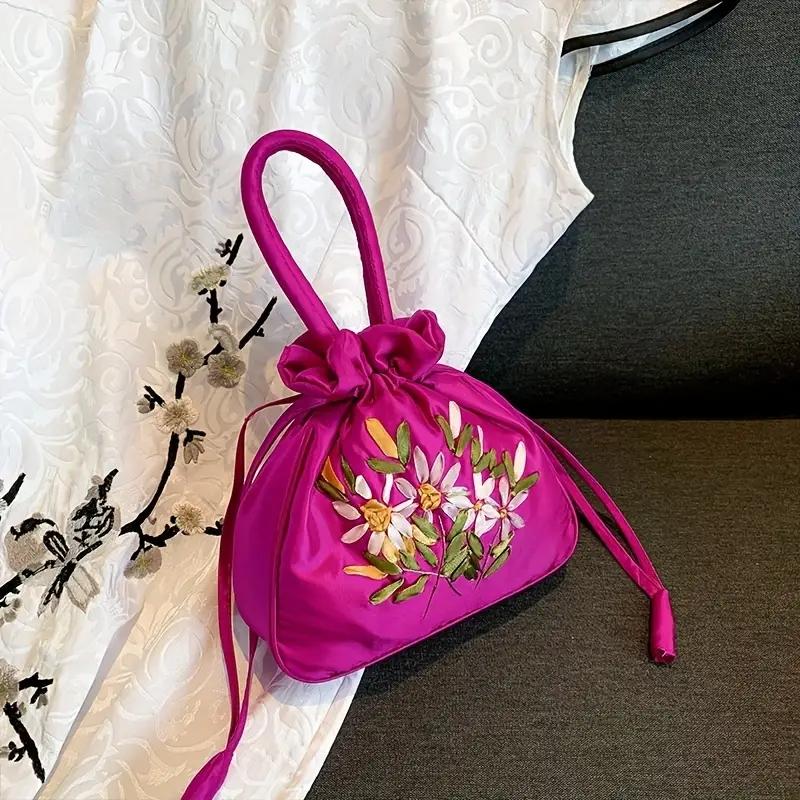 Yogodlns Retro Embroidery Drawstring Bag Flower Pattern Bucket Bag Womens Fashion Handbag Coin Purse