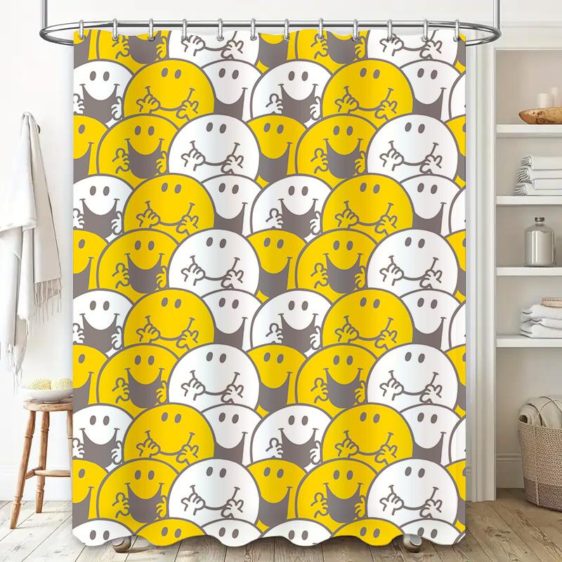 Modern Happy Face Shower Curtain Waterproof Fabric Bathroom Decor Yellow White Smiley Print Pattern Bath Mat Set for Kids Home D