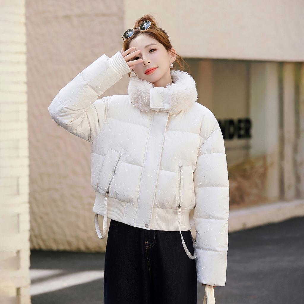 High-end plush collar short cotton clothes women's winter new shiny cotton-padded clothes fashionable warm lapel jacket