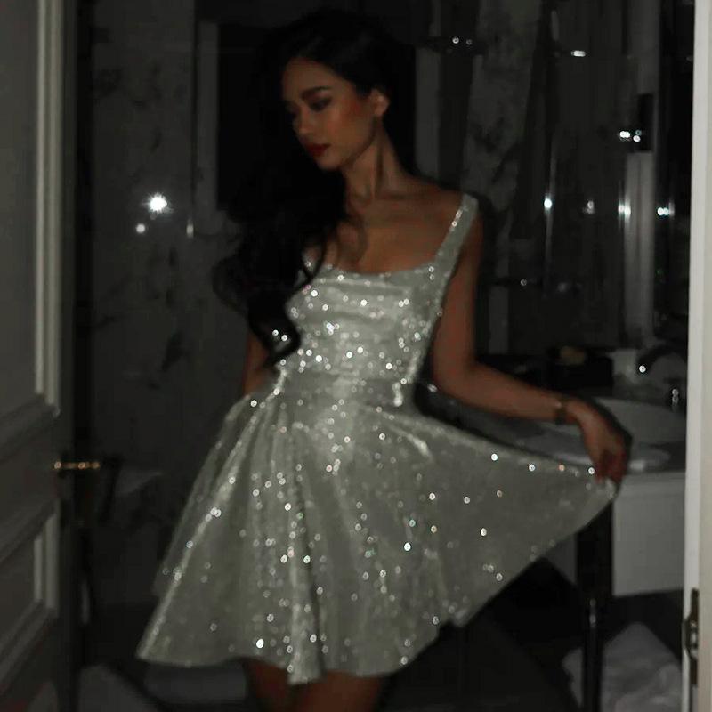 short dress flash Fesfesfes Dresses for Women Sequins Flash Mini Dress Solid Color Club Night Gowns Backless Chain Buttocks Sleeveless Short Sling Dress