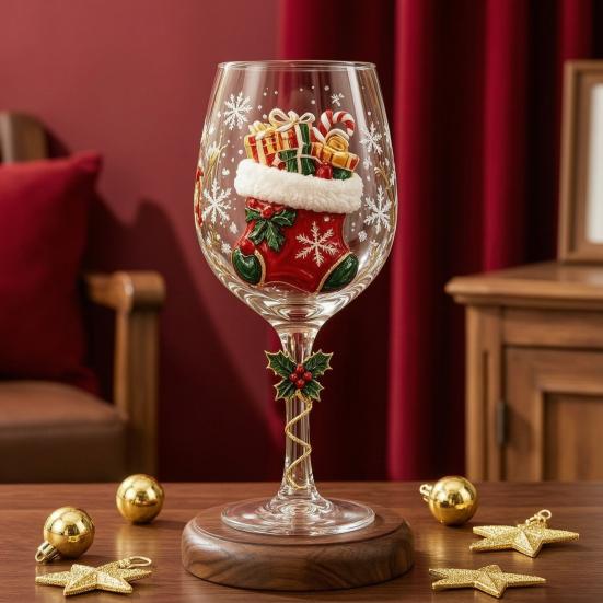 Elegante Vetro con Disegno di Fiocchi di Neve Calice da Vino di Natale, Babbo Natale Pupazzo di Neve Renna Calza Albero Ghirlanda Lusso Calice per Vino Festivo, Cocktail,