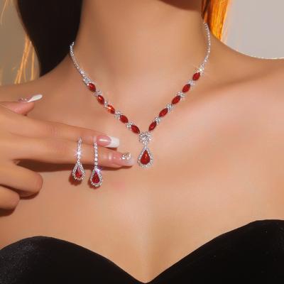 Red Crystal Shiny Rhinestone Necklace Earrings Set, High-end Luxury Necklace Earrings Two-piece Set