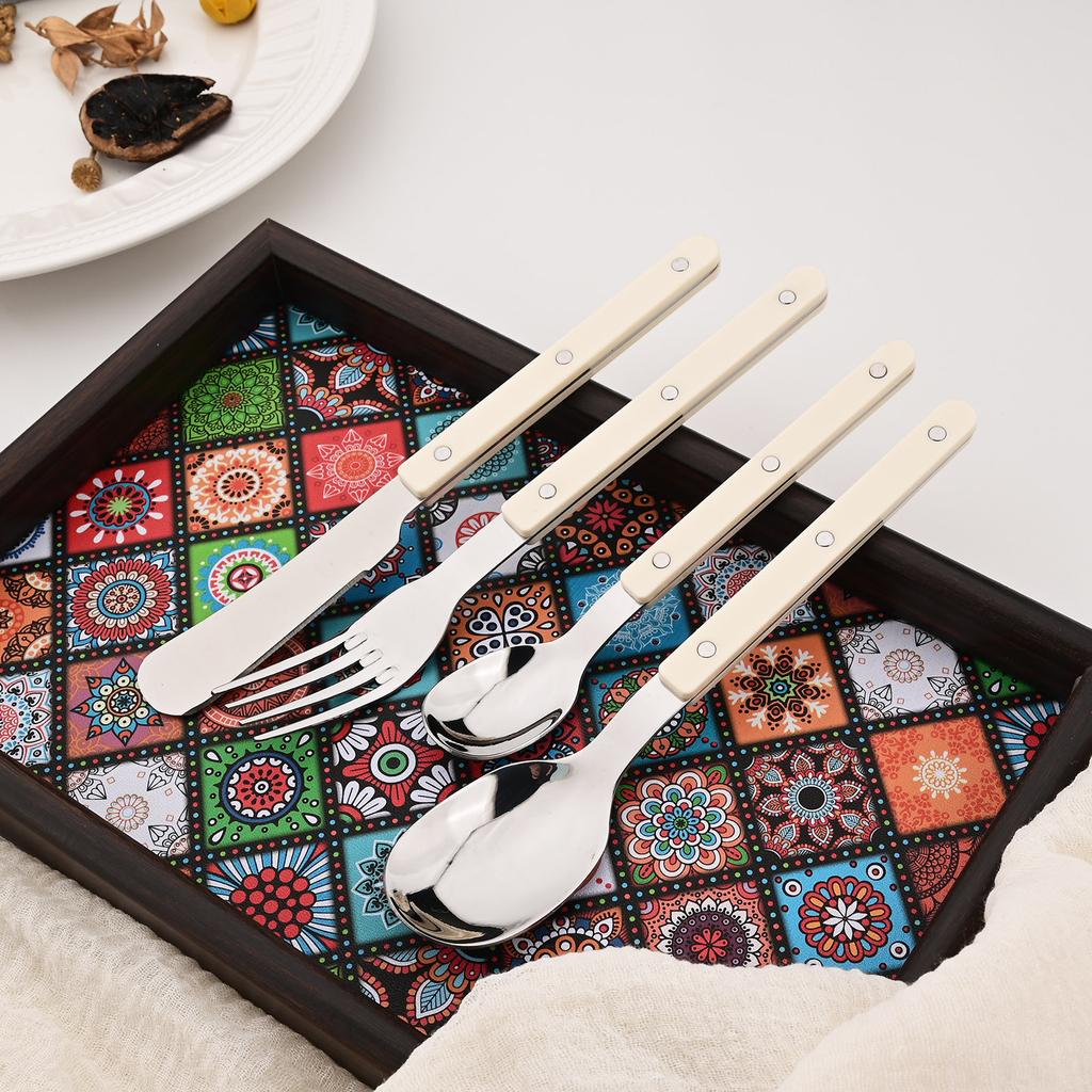 16 Pieces Color Handle Flatware Eating Utensils, Stainless Steel Tableware Rivet ABS Handle Design, Knives Forks Spoons for Home, Service for 4
