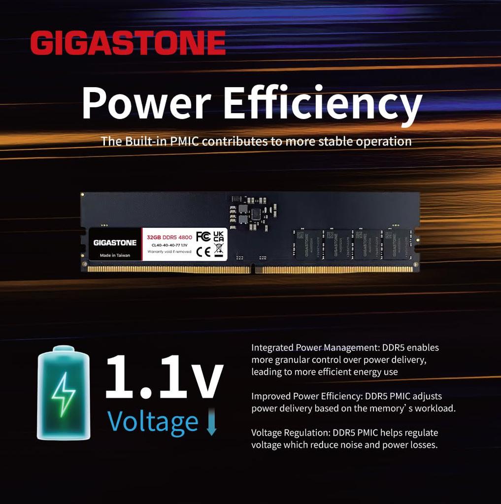 GIGASTONE DDR5 2 x 32GB DDR5 4800MHz CL UDIMM Unbuffered Memory Module Upgrade for Desktop PCs Memory (64GB Kit) PC5-38400 40-40-40-77 1.1V 288-pin