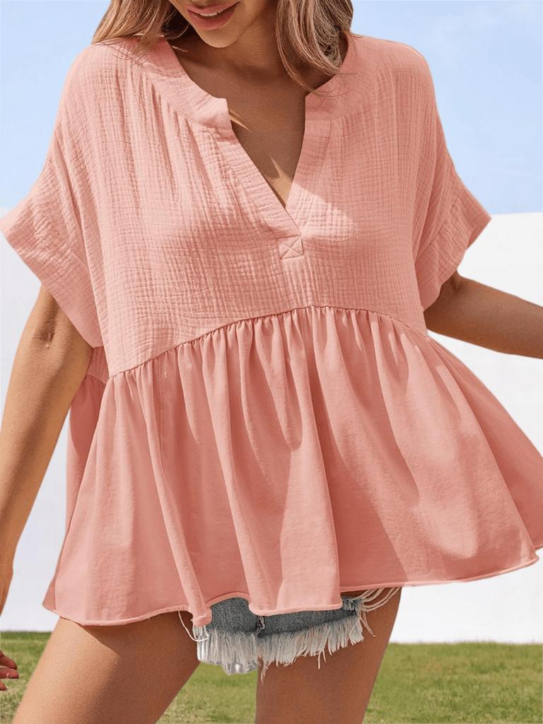 Womens V Neck Peplum Babydoll Blouse Short Sleeve Pleated Summer Top