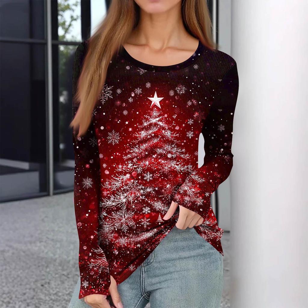 Women's Winter Slim Bottom T-shirt Fashion Casual Gradient Printing Round Neck Pullover Long Sleeve Top