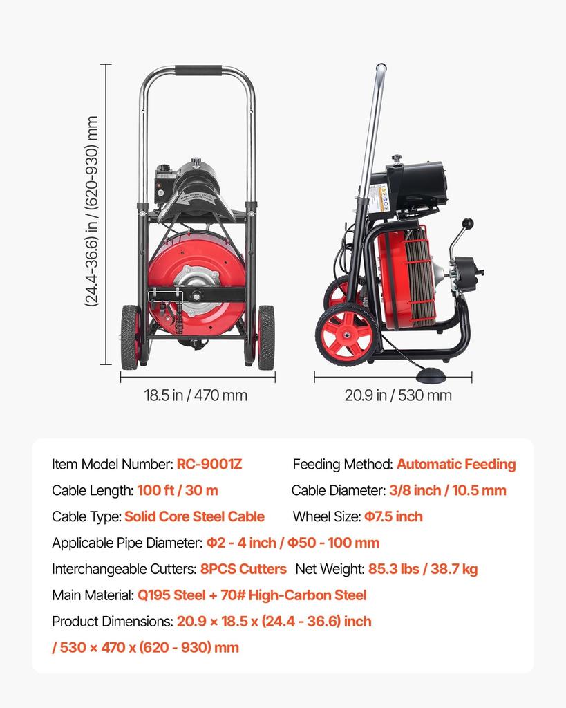 Drain Cleaner Machine 30m x 10.5mm, Auto Feed Sewer Snake Auger on Wheels - with 8 Cutters & Air-Activated Foot Switch for 50mm to 100mm Pipes