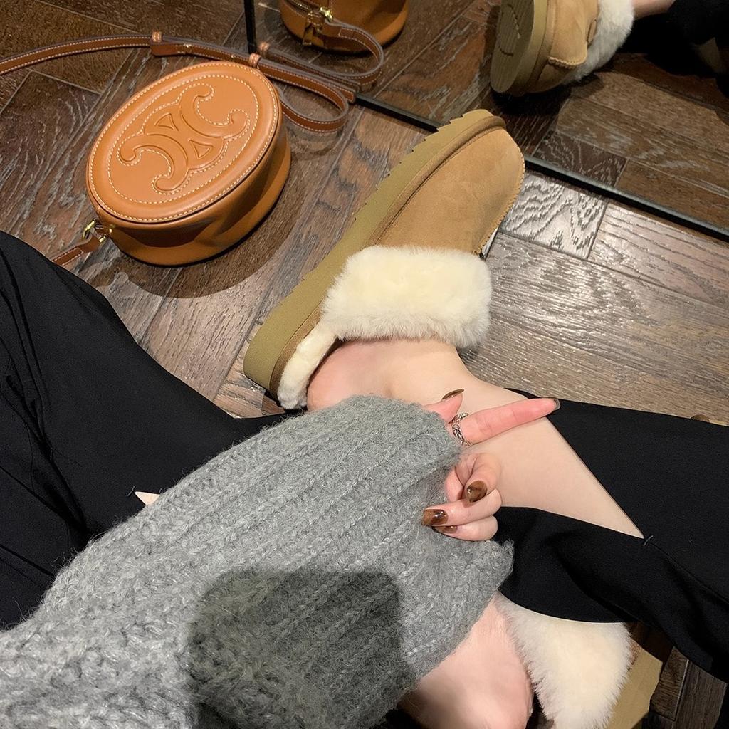 [Sheli Su Yinyin] Warm winter chestnuts~ round head flat bottom hairy half drag women's bag head velvet outer slippers