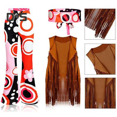 Disfraz hippie para mujer, pantalones acampanados retro, chaleco con borlas, diadema, conjunto para Halloween, cosplay, discoteca, baile