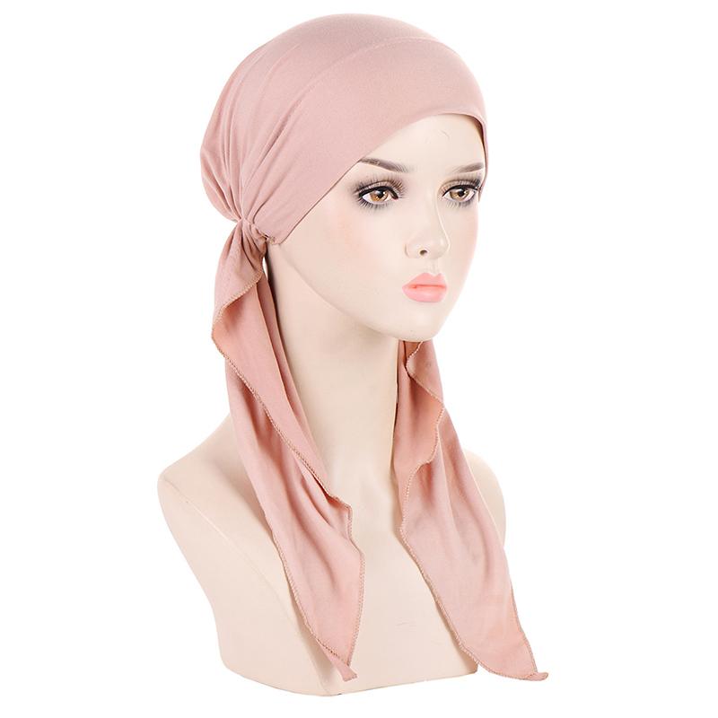 Muslim Inner Hijab Turban Women Pre-Tied Long Tail Headscarf Wrap Cap Beanies Bonnet Head Scarf Stretch Headwear Hat Mujer