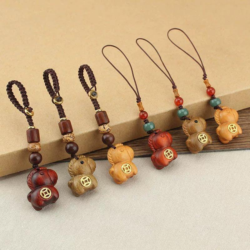 1Pc Car Keychain New Chinese Style Braiding Rope Gift Phone Keychain Creativity Pony Pendant Wood Pendant Coin Decoration