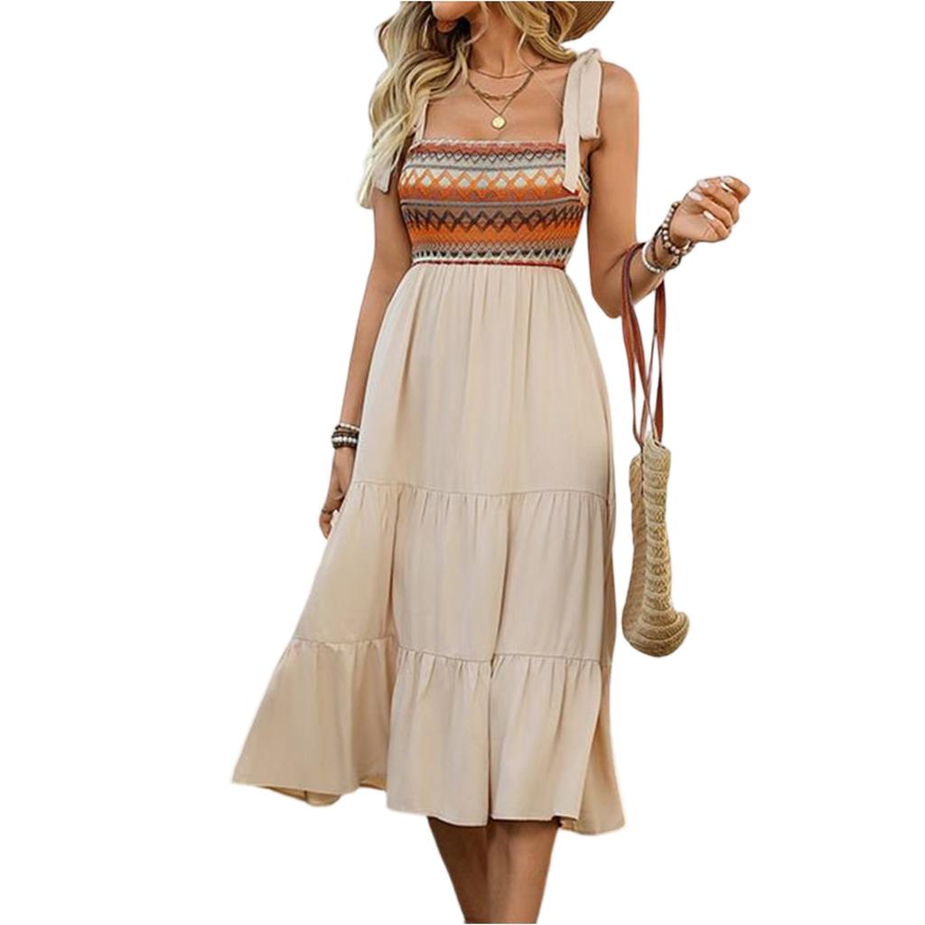 Women's Summer Maxi Dress Casual Bohemian Sleeveless Printed Square Neck Multi-Layered Long Beach Sundress