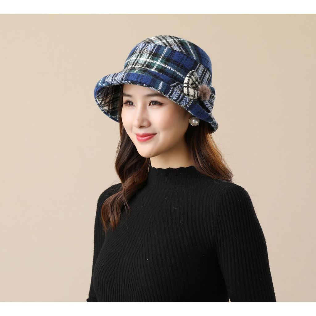 British Plaid Crimped Bucket Hat Women's Autumn and Winter Versatile Hat Women's Small Edge Basin Hat