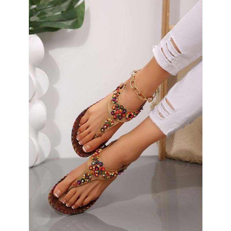 Women's Beaded Ethnic Style Clip-foot Herring-shaped Flat Sandals Flat-heeled Women's Shoes