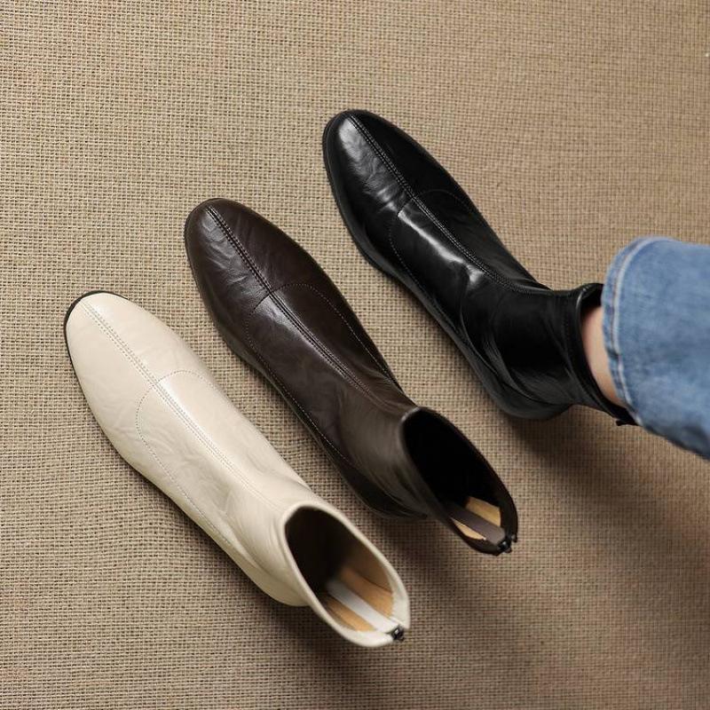Autumn and winter solid color leather medium boots rear zipper middle heel square head beef tendon soft sole new women's large size fashion boots