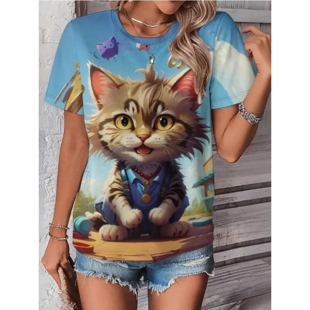 Summer Short Sleeved T-shirt Women's Casual Sports Top Cartoon 3D Printed Pattern Clothes