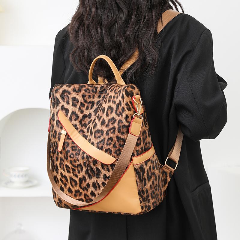 Damen Rucksack aus weichem Leder mit Diebstahlschutz, Mehrzweck-Schultertasche mit Leopardenmuster