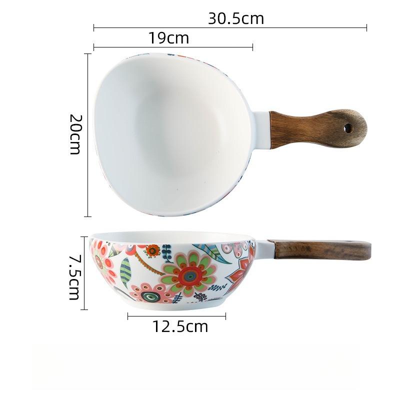 Colorful Floral Ceramic Handled Plate, Creative Decor Food Serving Dish with Solid Wood Handle, Microwave Unavailable