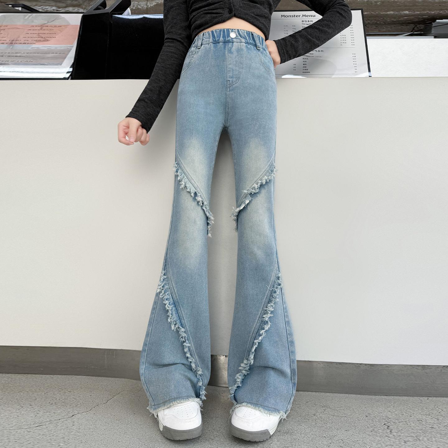 

Ретро джинсы клеш с высокой посадкой для девочек - Светло-голубые, Прилегающий крой, Рваный низ 150cm синий