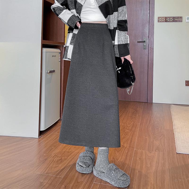 Women's Woolen Skirt Autumn and Winter New Slit Mid-length Skirt High Waist Slim Plus Size Fashionable All-match Hip Skirt