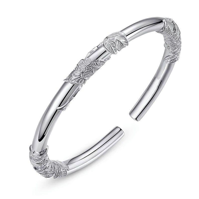 Fashion Women's 925 Silver Solid Glossy Flowers Noisy Personality Open Bracelet