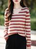 2025 Autumn Women's Striped V-Neck Long Sleeve Loose Knitted Sweater Pullover - French Design