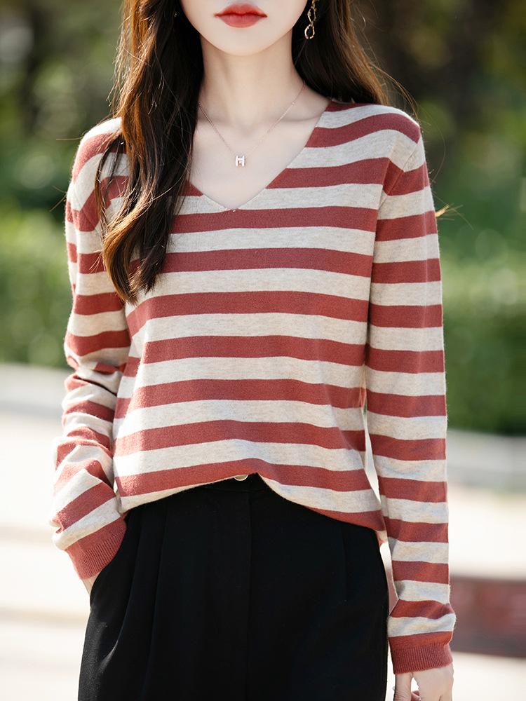 2025 Autumn Women's Striped V-Neck Long Sleeve Loose Knitted Sweater Pullover - French Design